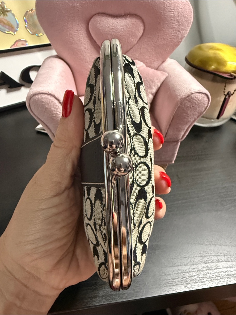 Coach Signature Canvas Kiss-Lock Clutch in Black and Cream - Picture 7 of 9